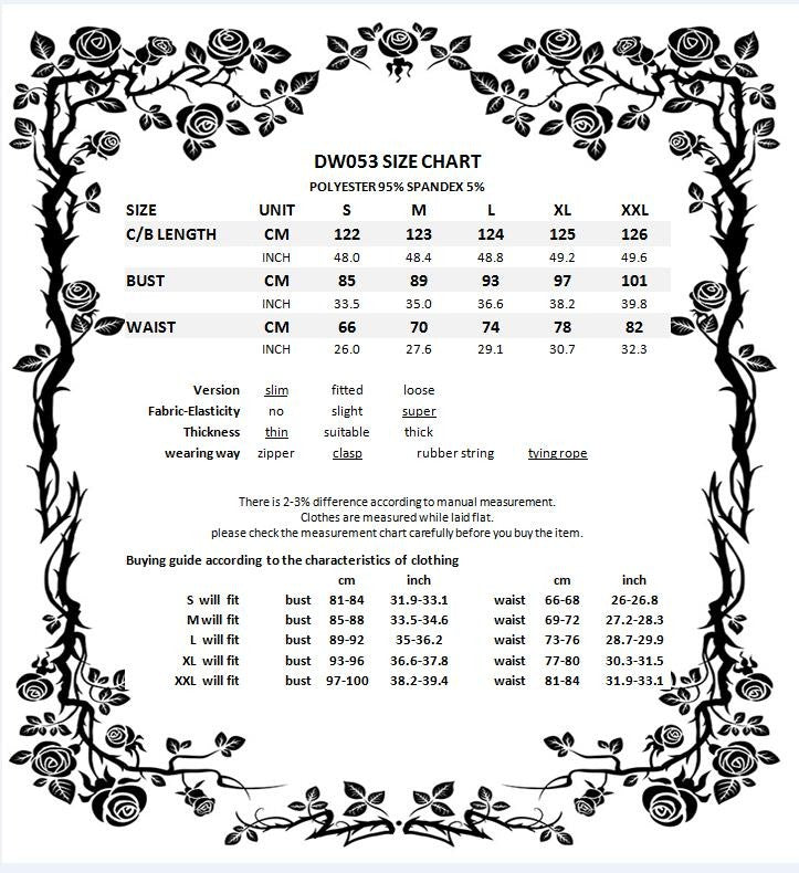 Tabla de medidas del vestido DW053 en centímetros y pulgadas por talla
