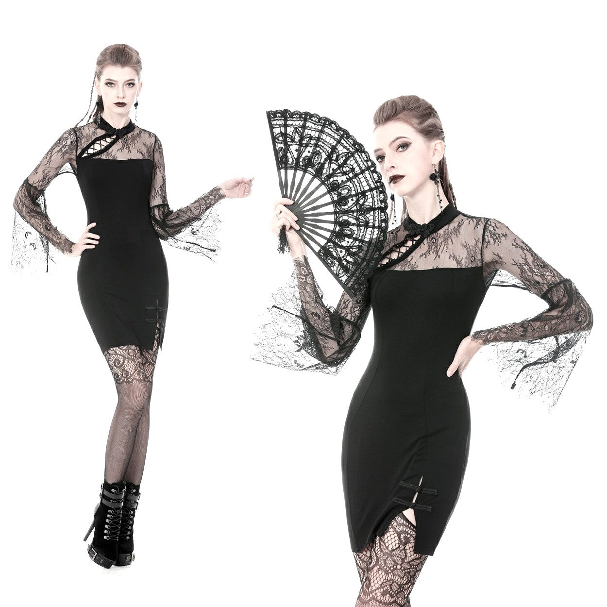 VESTIDO CON MANGAS Y PECHO DE ENCAJE