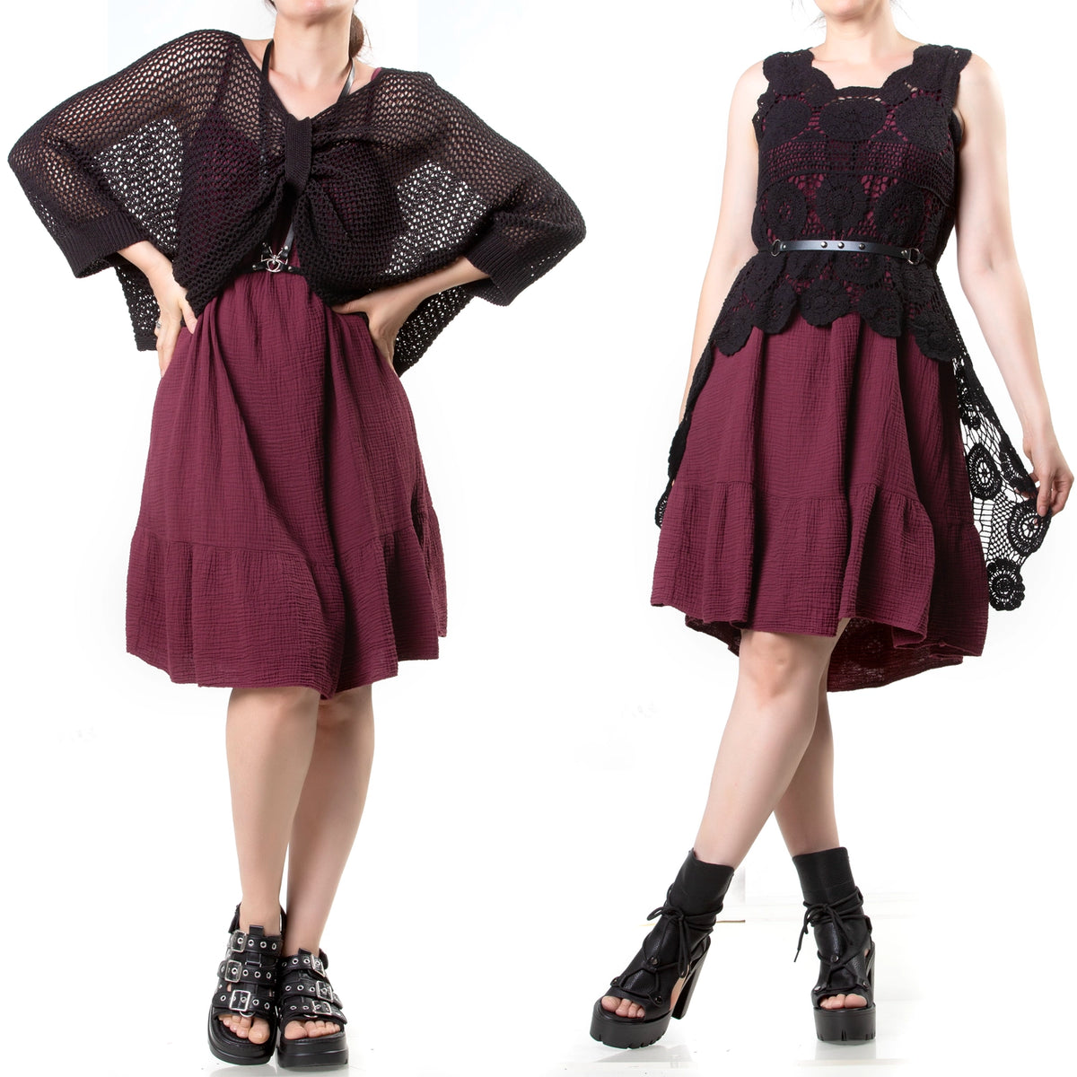 Vestido burdeos de tirantes con volante, detalle escote