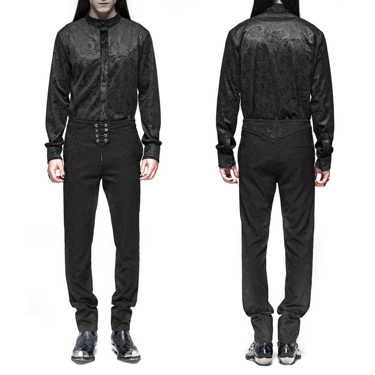 Camisa gótica negra de hombre puesta, vista frontal y trasera con pantalón de vestir