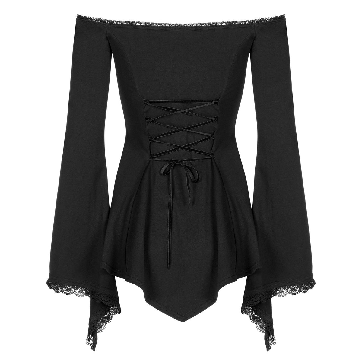 Espalda de la camiseta negra con los cordones cruzados y las mangas campana