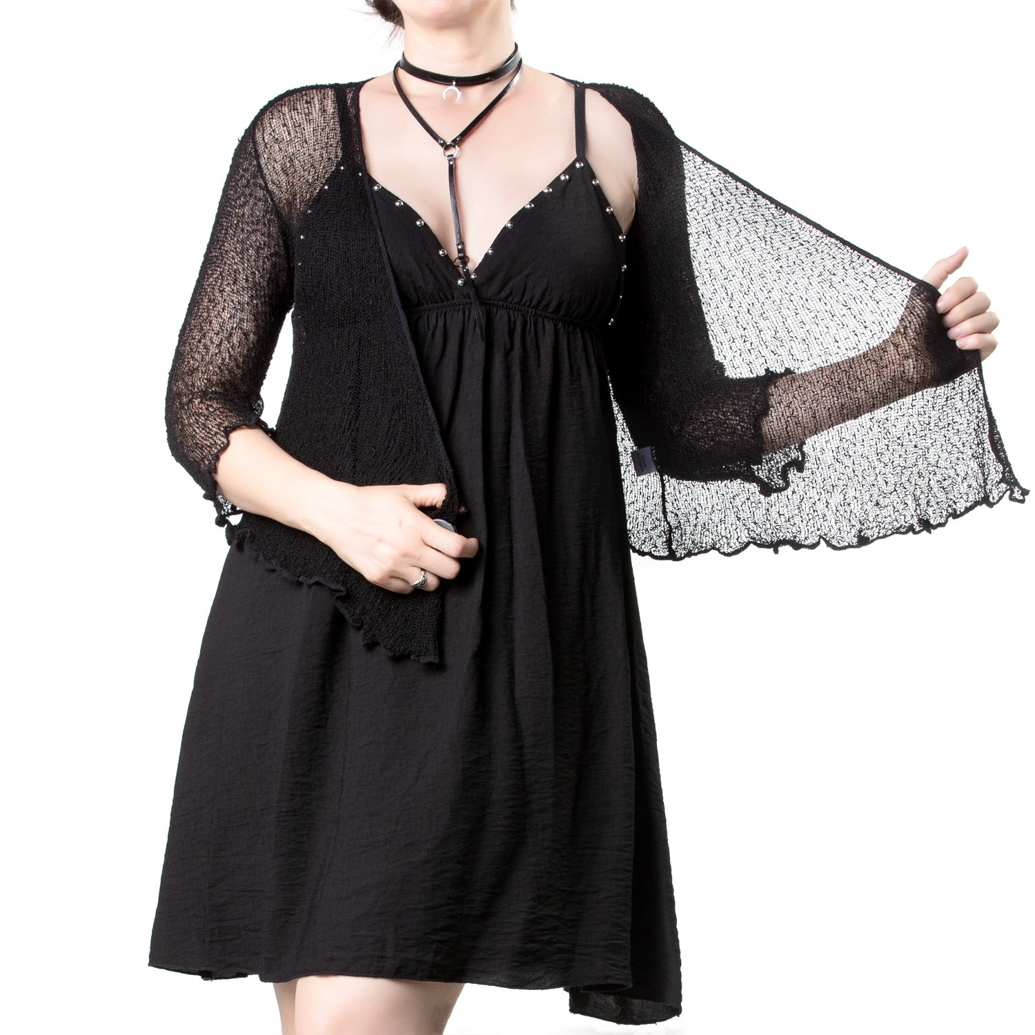 Vestido Corto Negro Babydoll con Tachuelas Plateadas