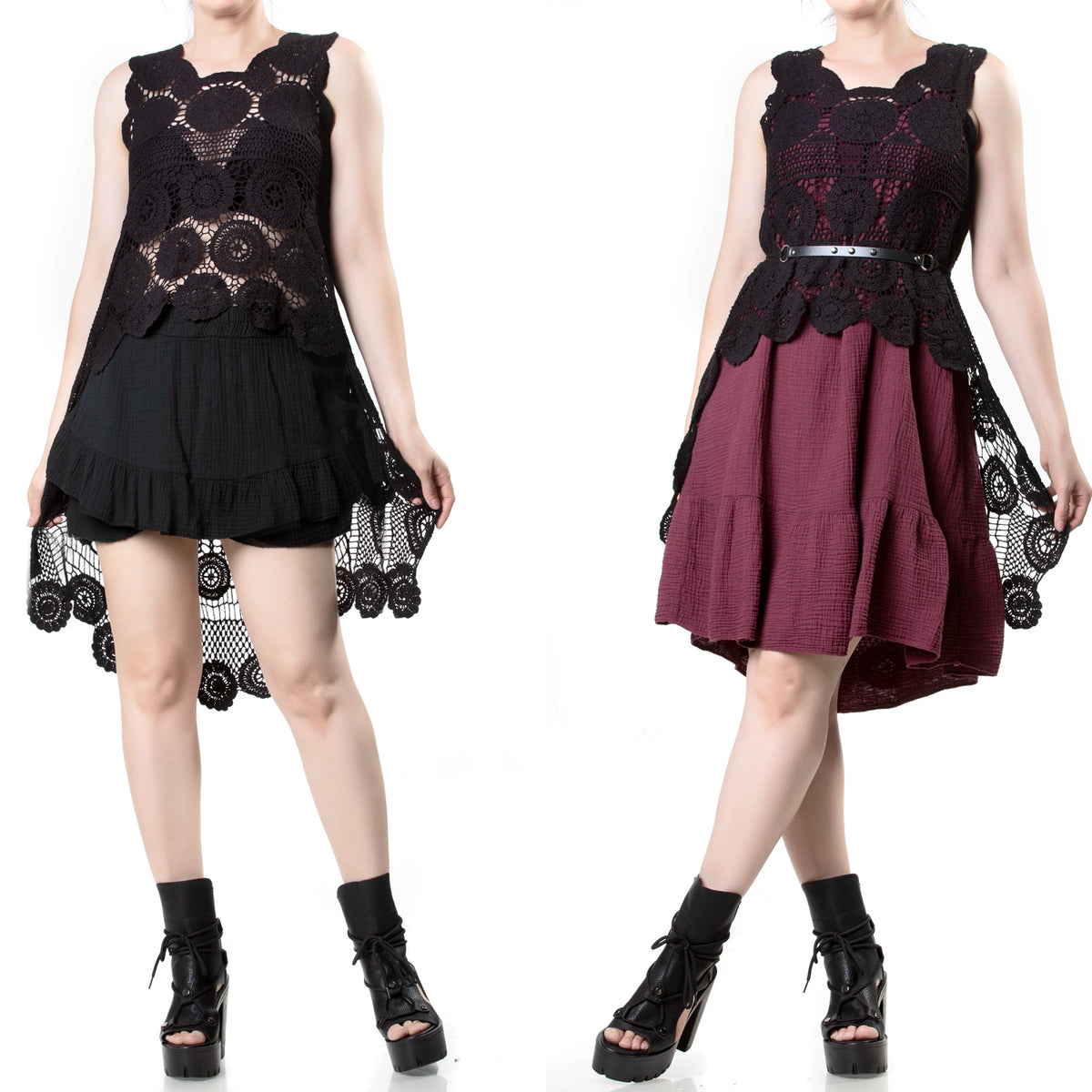 Sort hæklet vest styled med sort nederdel og med bordeaux nederdel, set forfra