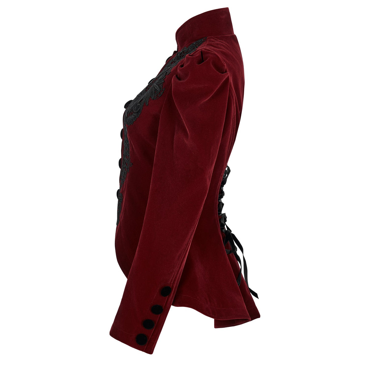 Lateral de la chaqueta de terciopelo rojo con hombros abullonados y botones en el puño