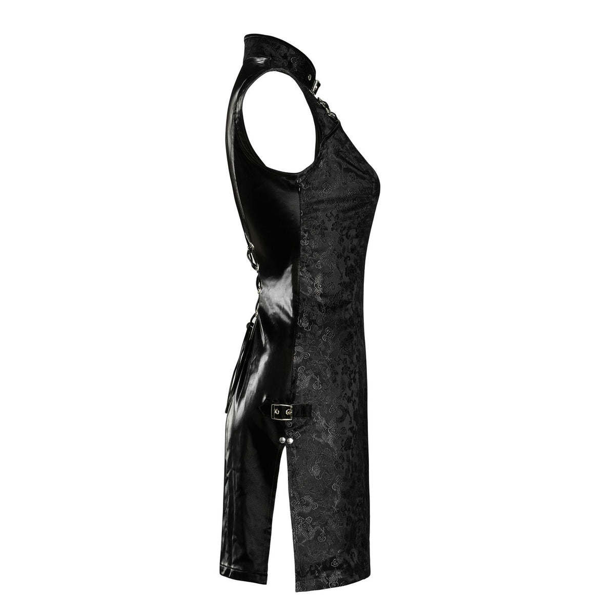Lateral del vestido chino negro con hebilla en la cadera
