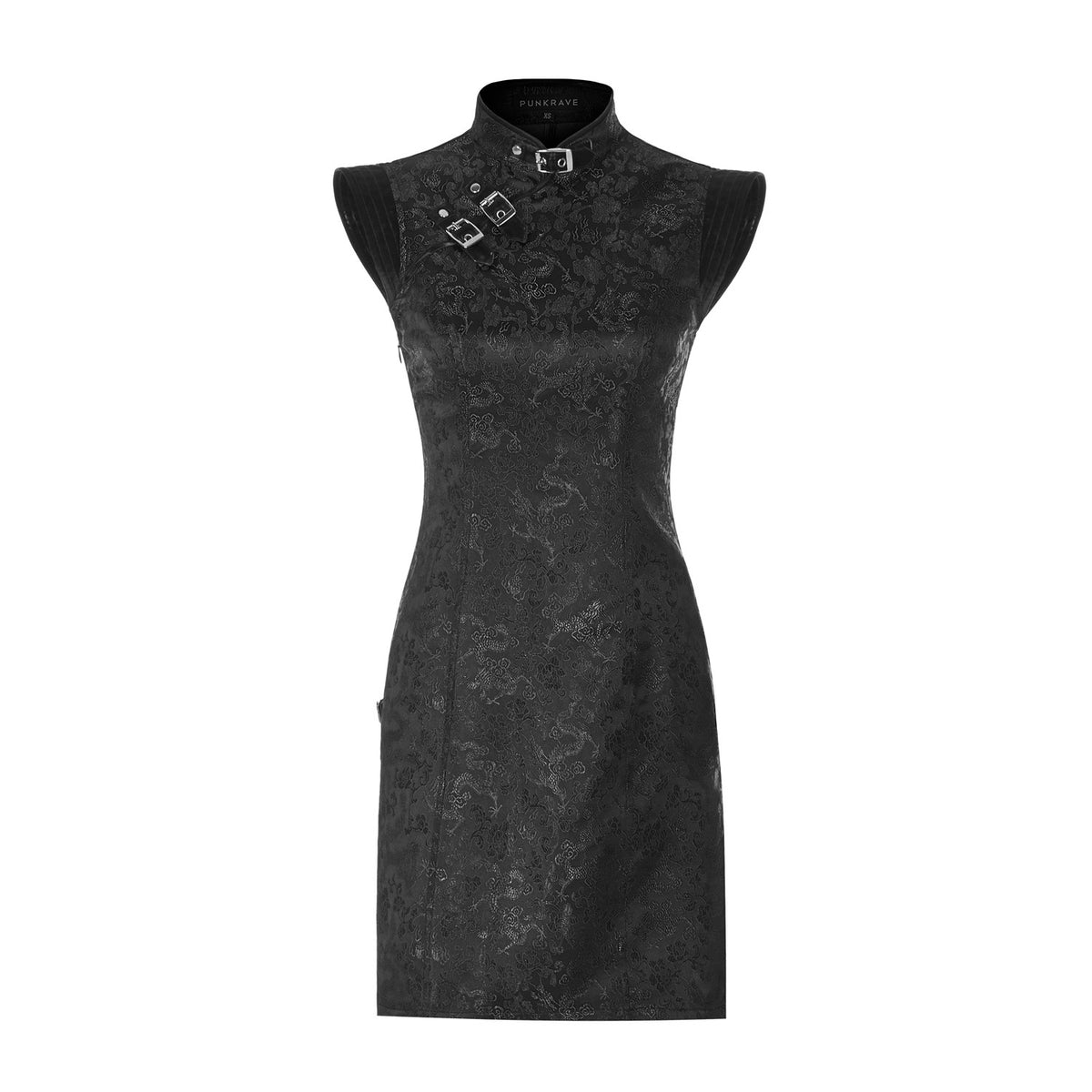 Delantero del vestido qipao de jacquard negro con dragones y hebillas