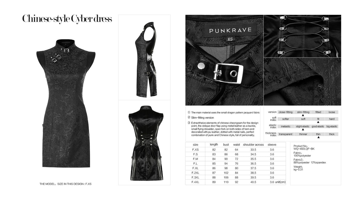 Ficha técnica del vestido chino punk negro con detalle de hebilla, cordones y tabla de medidas