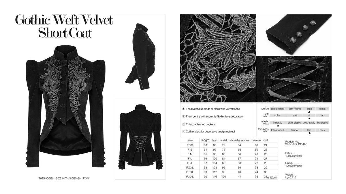 Ficha técnica de la chaqueta de terciopelo negro con detalle del encaje y tabla de medidas