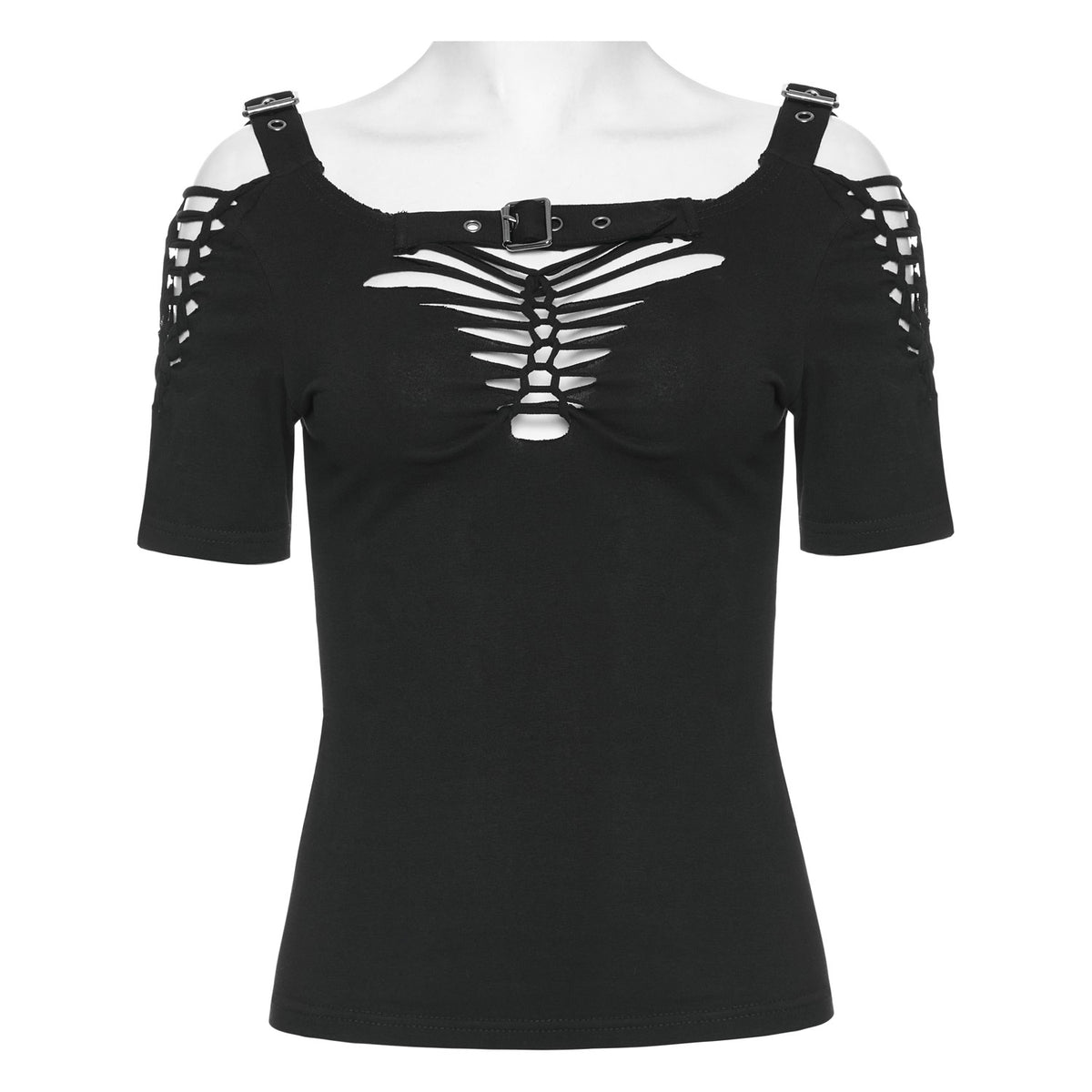 Camiseta punk negra con correas y hebillas en los hombros