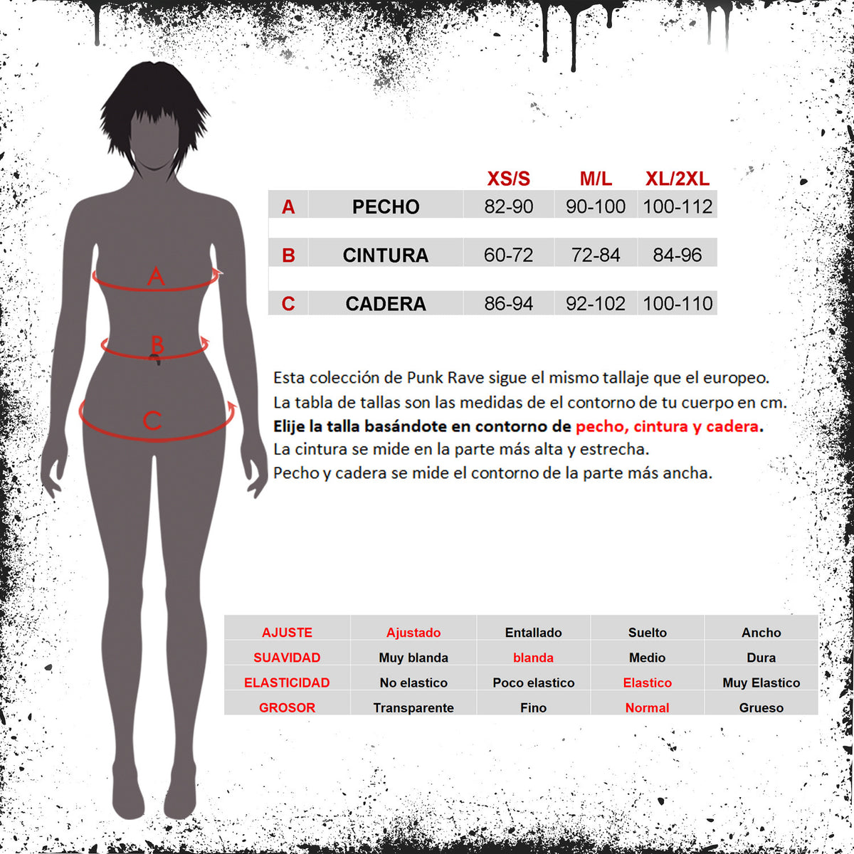 Guía de tallas de la camiseta punk en español con ajuste, suavidad, elasticidad y grosor