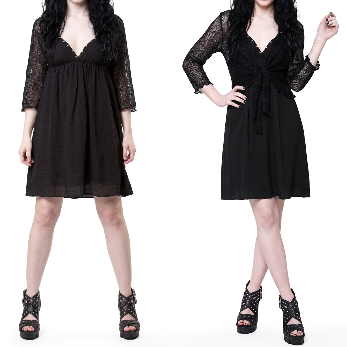 Vestido Corto Negro Babydoll con Tachuelas Plateadas
