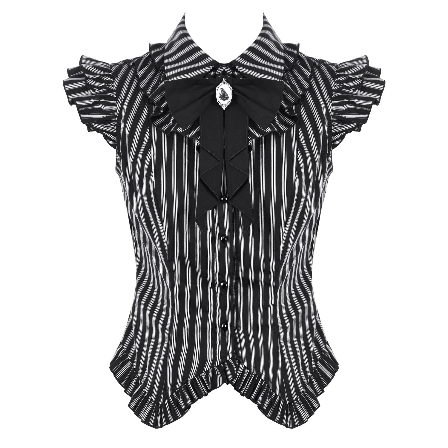 Blusa a Rayas con Broche Camafeo y Volantes