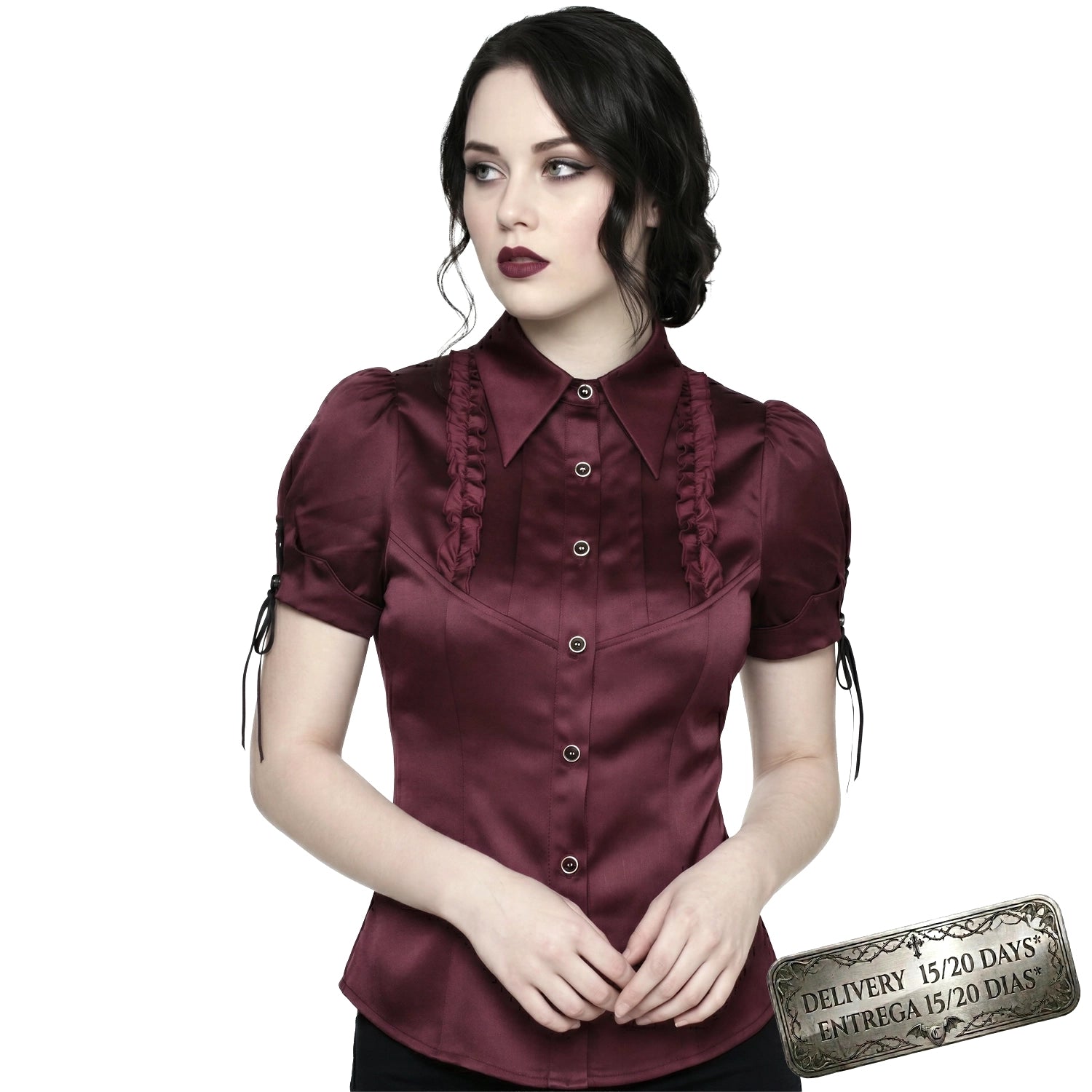 Camisa Burdeos de Satén con Volantes y Lazadas