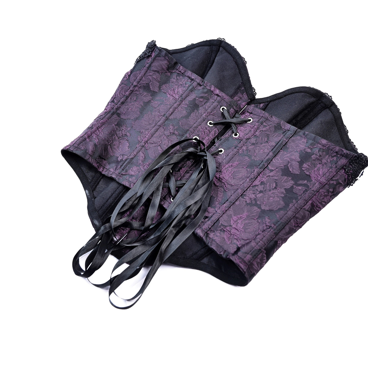 Corsé underbust morado brocado puesto, detalle escote