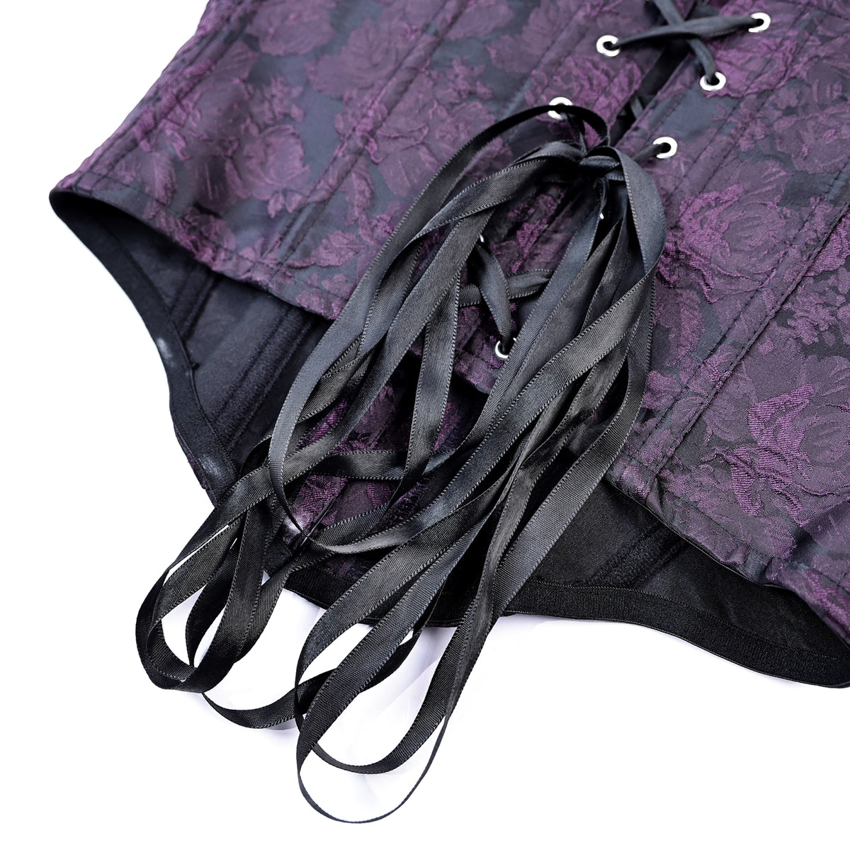 Corsé underbust morado brocado puesto, detalle cintura