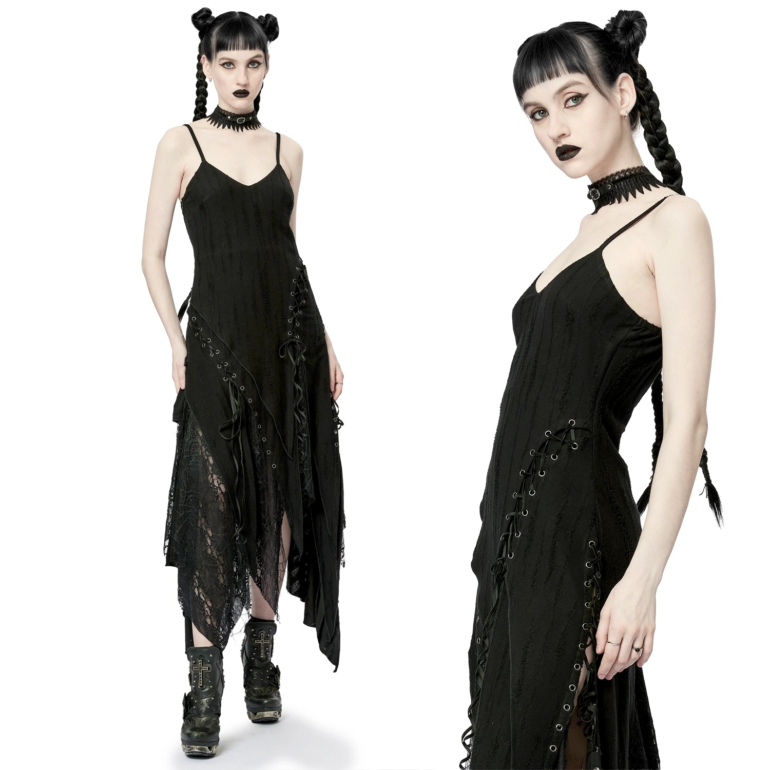 Vestido Gótico Asimétrico con Encaje y Cordones