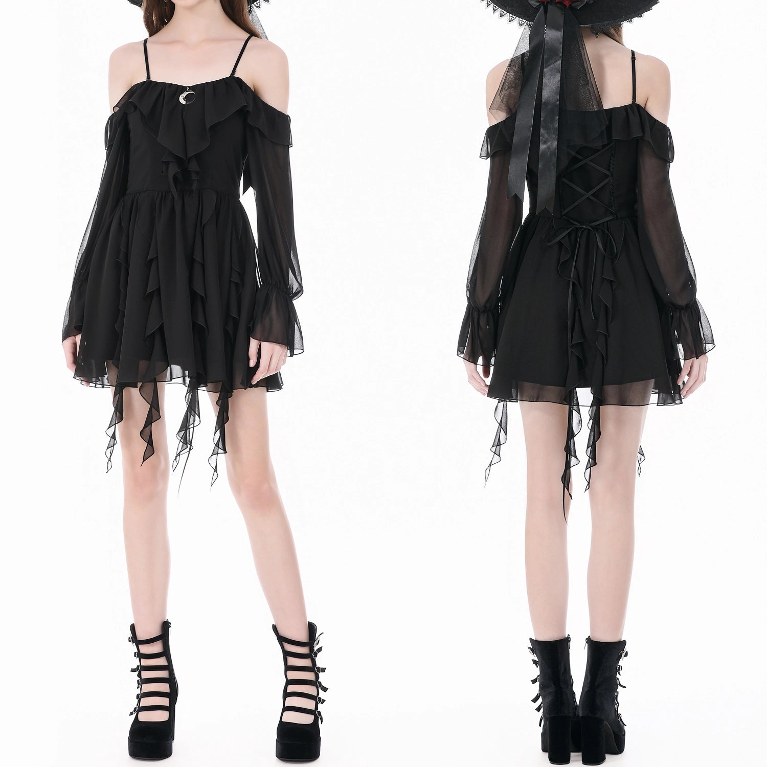 Vestido Corto con Luna Creciente y Mangas Gasa