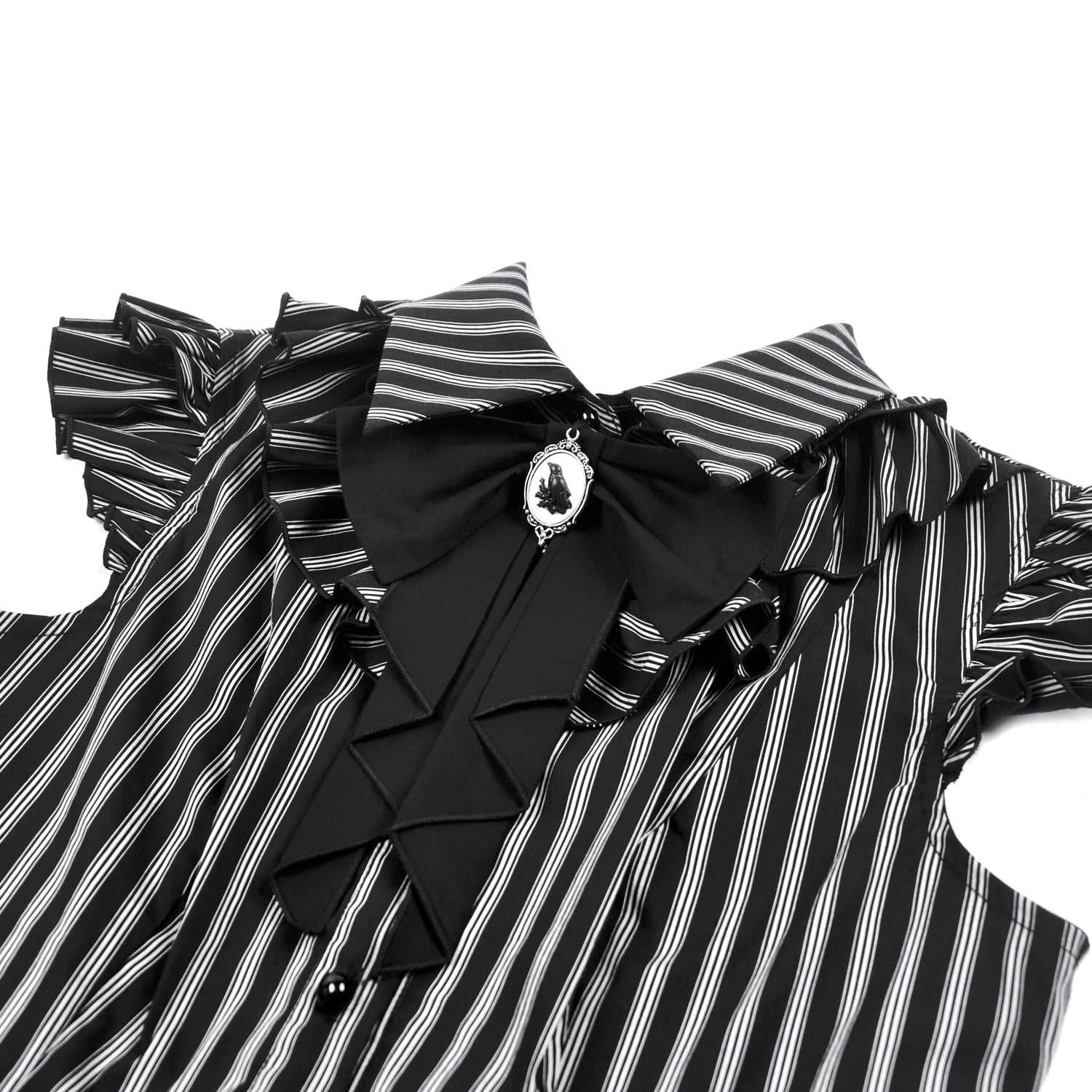 Blusa a Rayas con Broche Camafeo y Volantes
