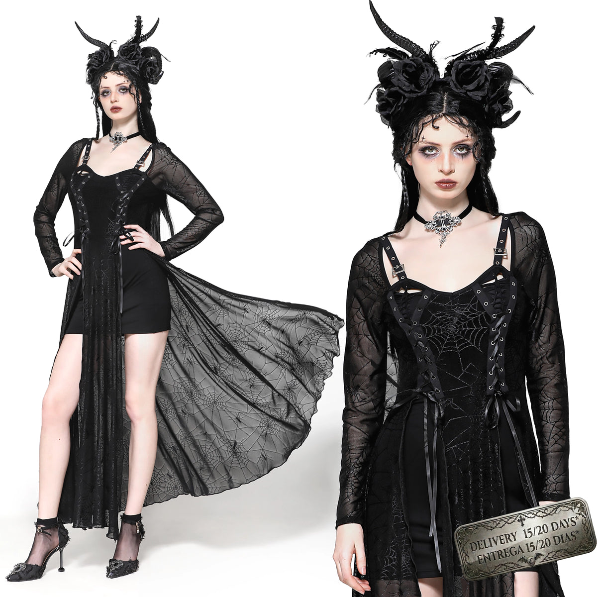 Vestido Gótico Largo Telaraña con Hebillas y Corsé