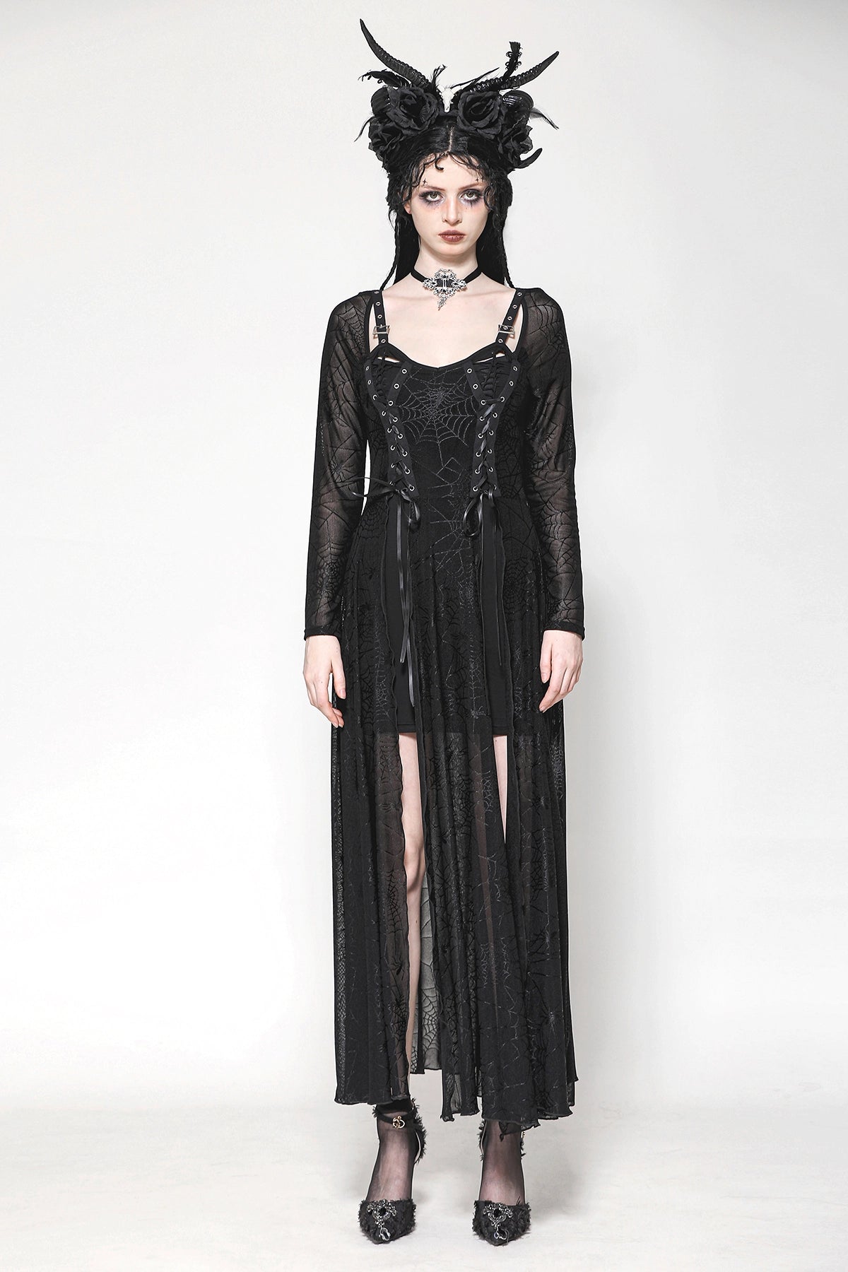 Vestido Gótico Largo Telaraña con Hebillas y Corsé
