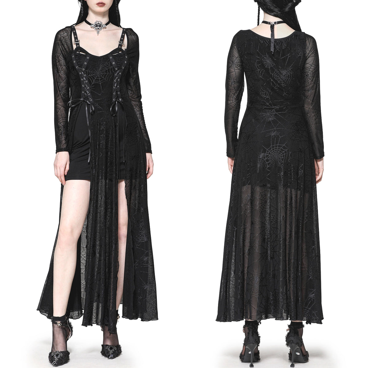 Vestido Gótico Largo Telaraña con Hebillas y Corsé