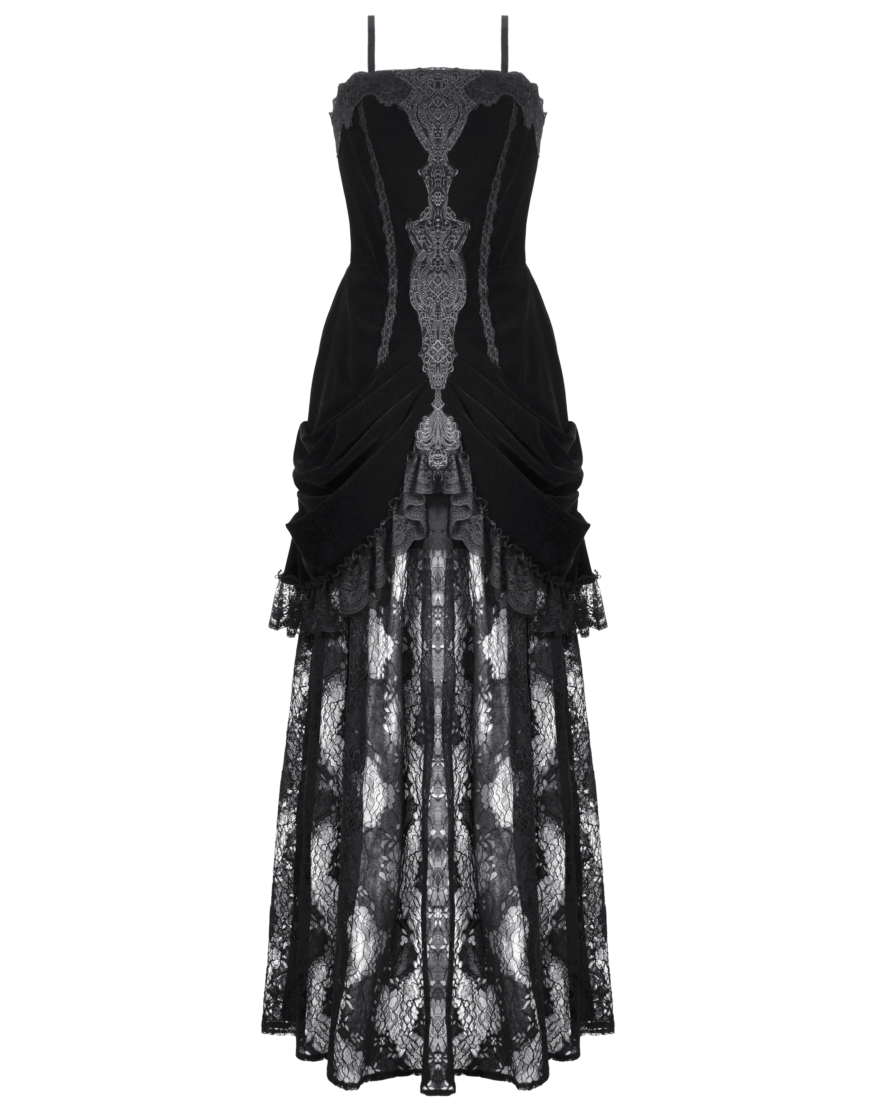 Vestido Largo Gótico Negro Veludo e Renda