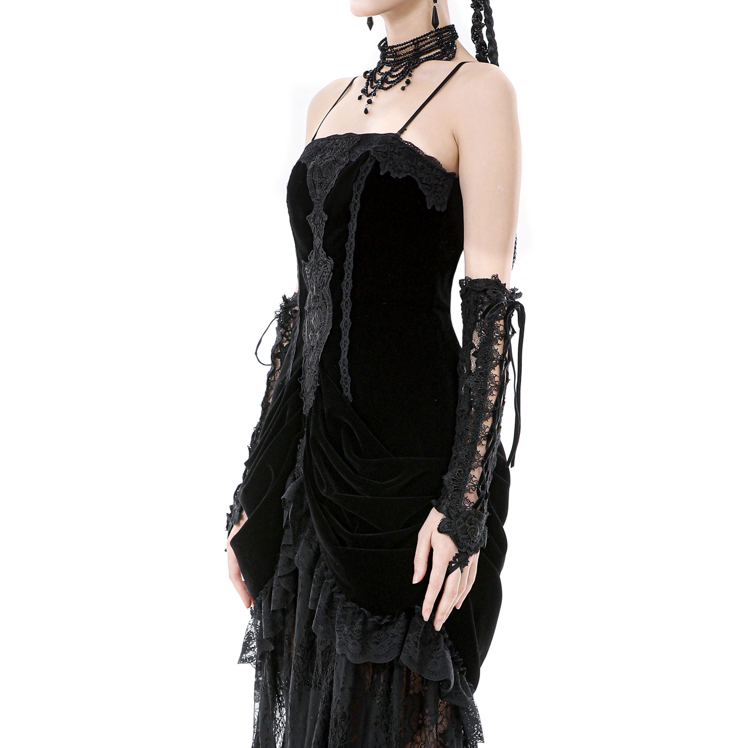 Vestido Largo Gótico Negro Veludo e Renda