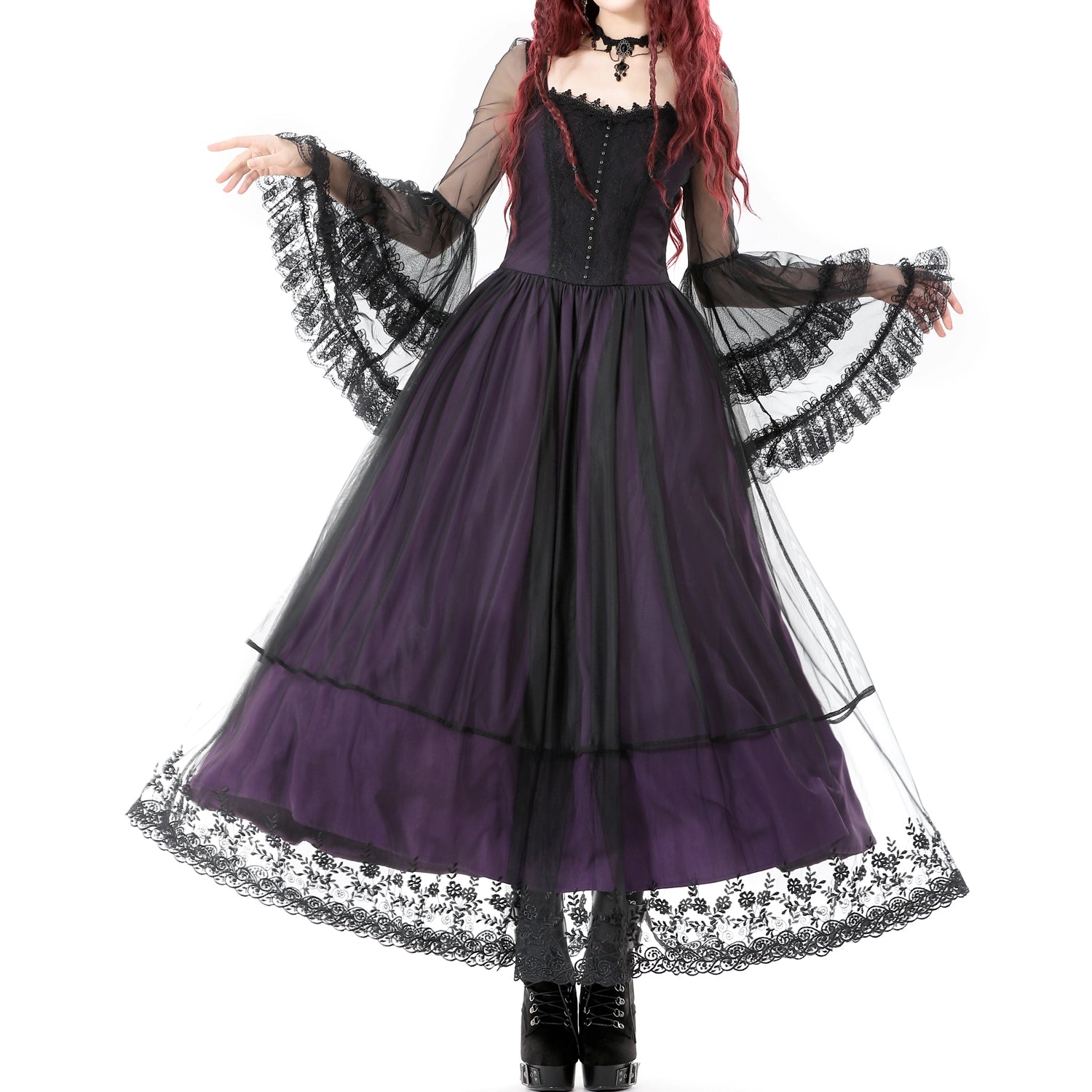 Vestido Largo Gótico Roxo | Mangas de Sino