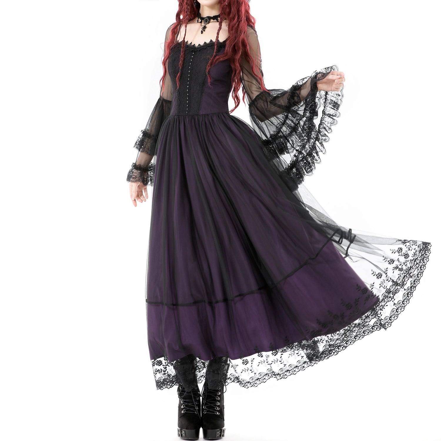 Vestido Largo Gótico Roxo | Mangas de Sino