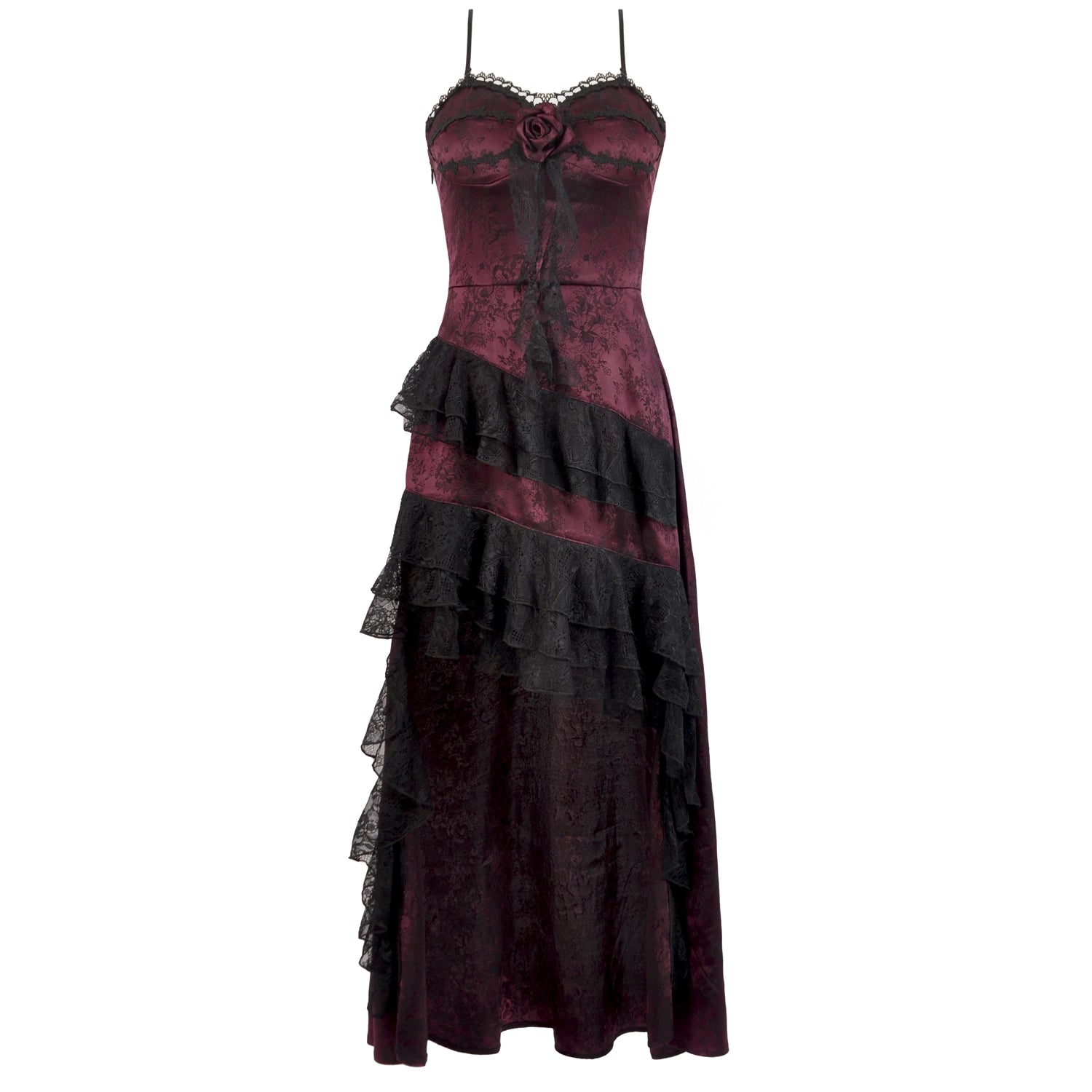 Vestido Largo Bordô Gótico | Folhos Assimétricos