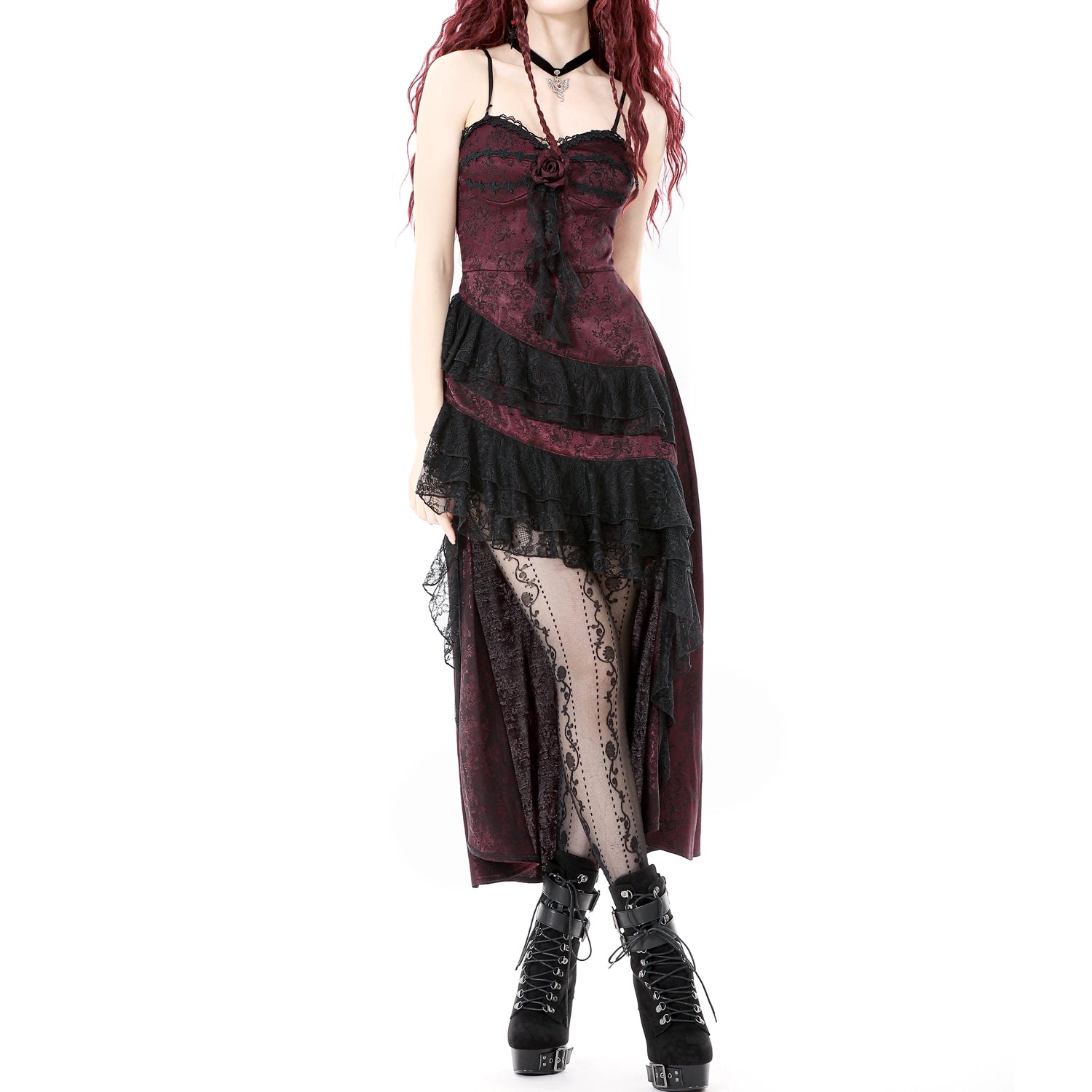 Vestido Largo Bordô Gótico | Folhos Assimétricos