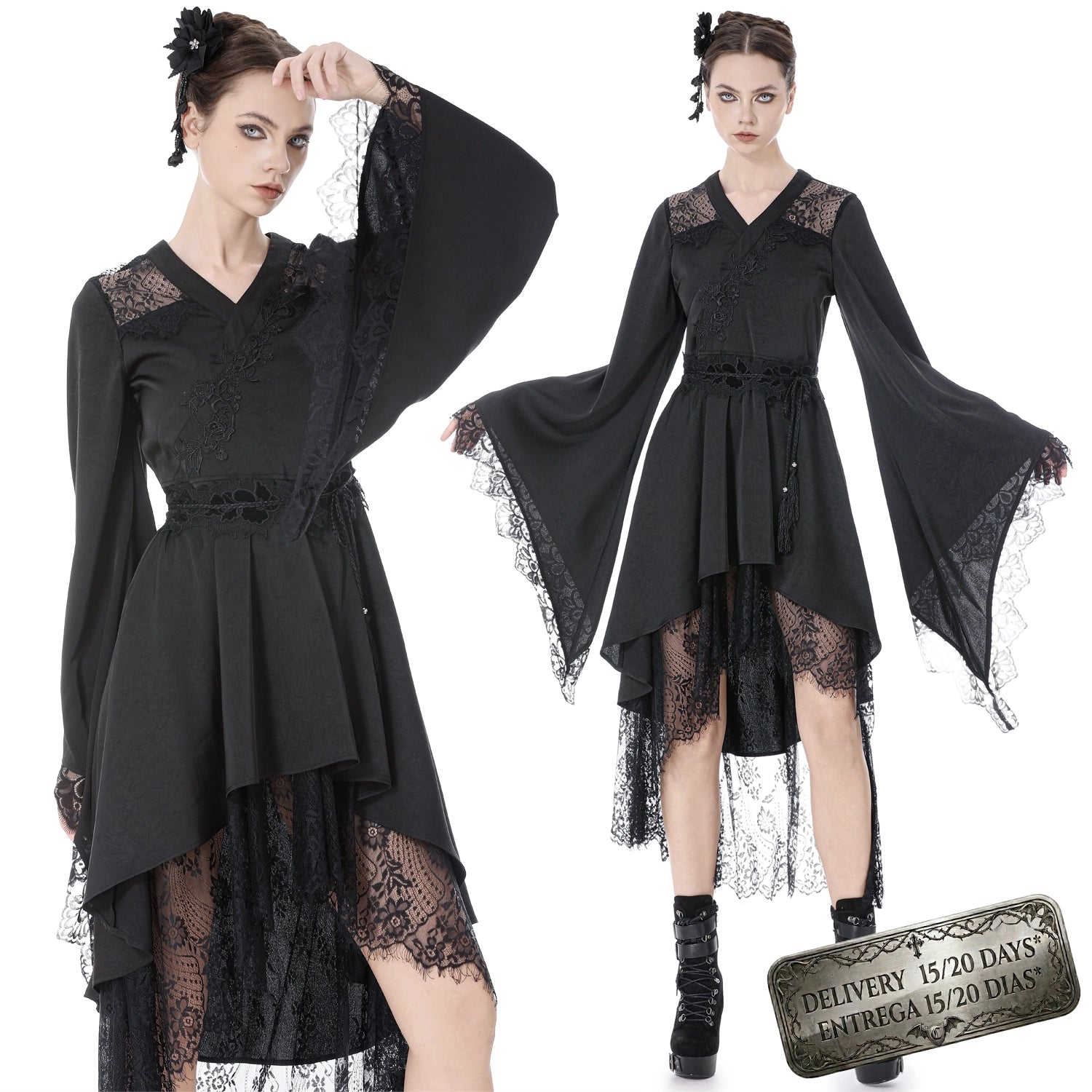 Asymmetrical Kimono Dress with Lace and Fringe
