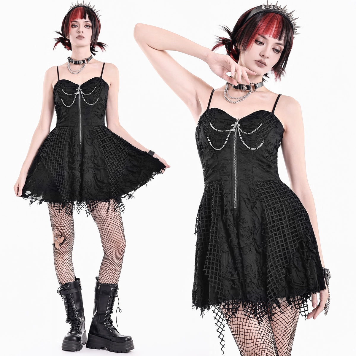 Vestido Mini Punk Negro con Efecto Rasgado, Rejilla y Cadenas, puesto en modelo, foto 2