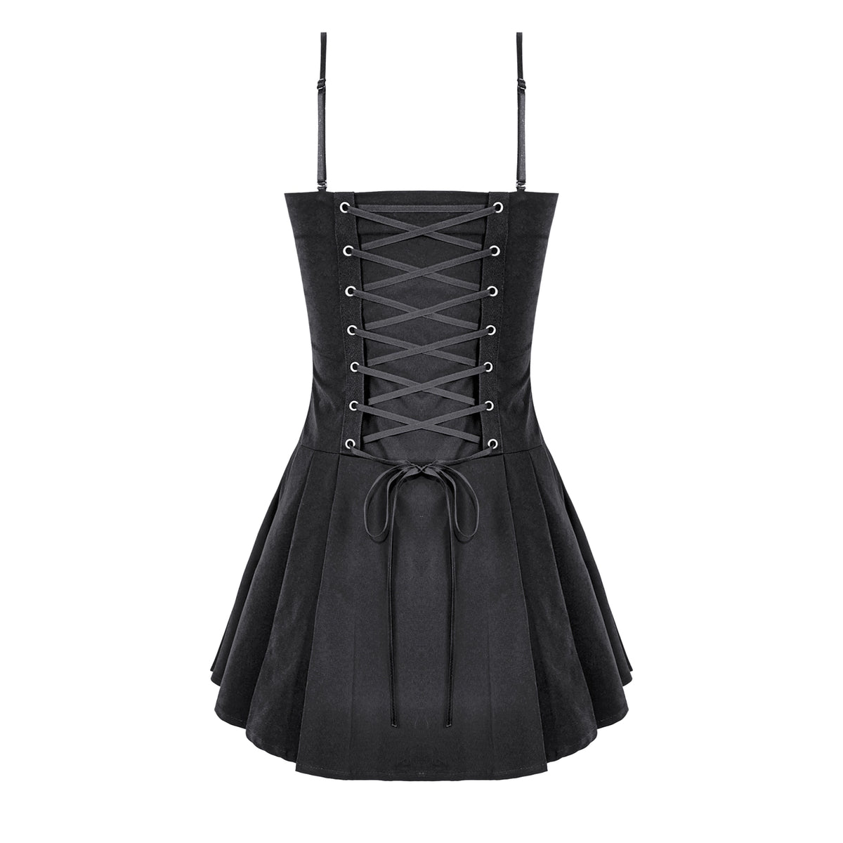 Vestido negro mini punk puesto, vista lateral