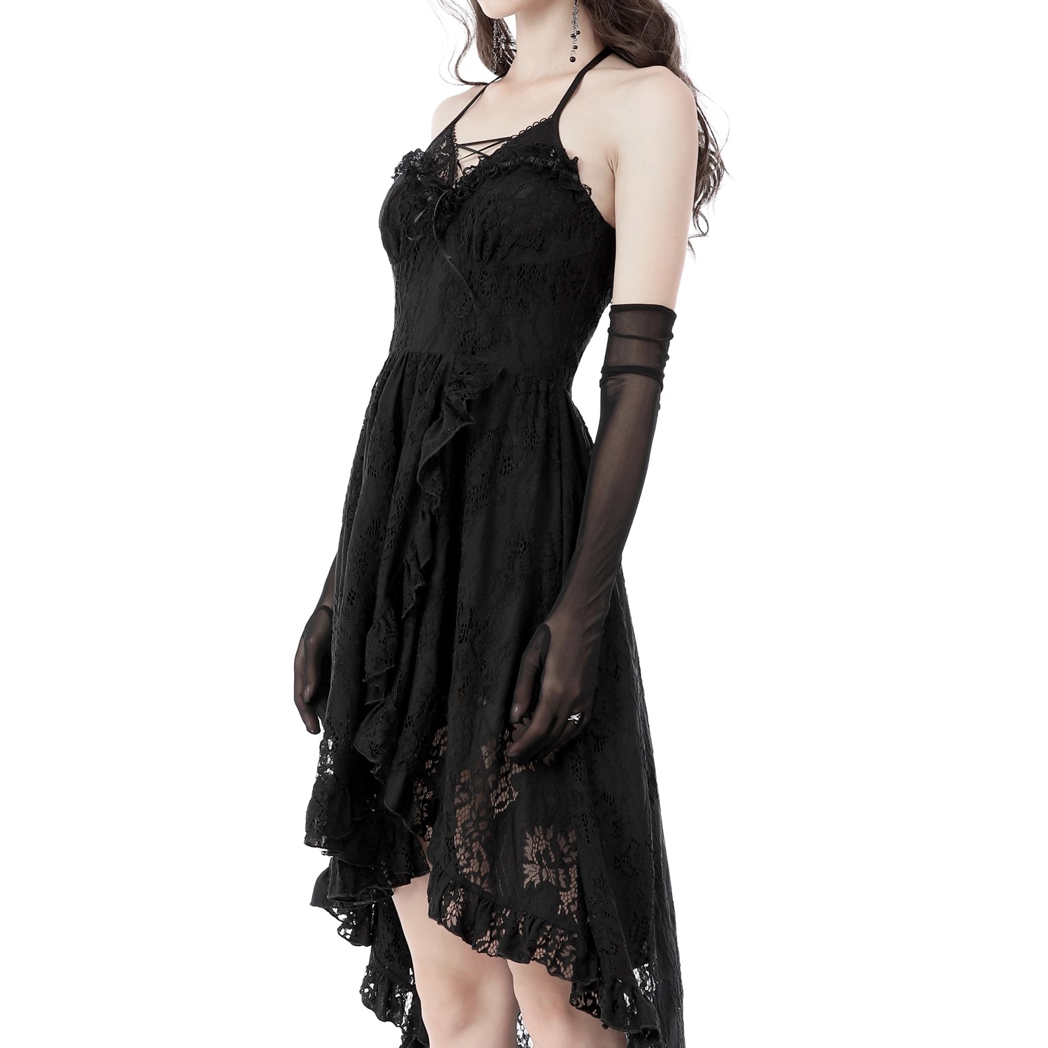 Vestido Asimétrico de Encaje con Escote Halter