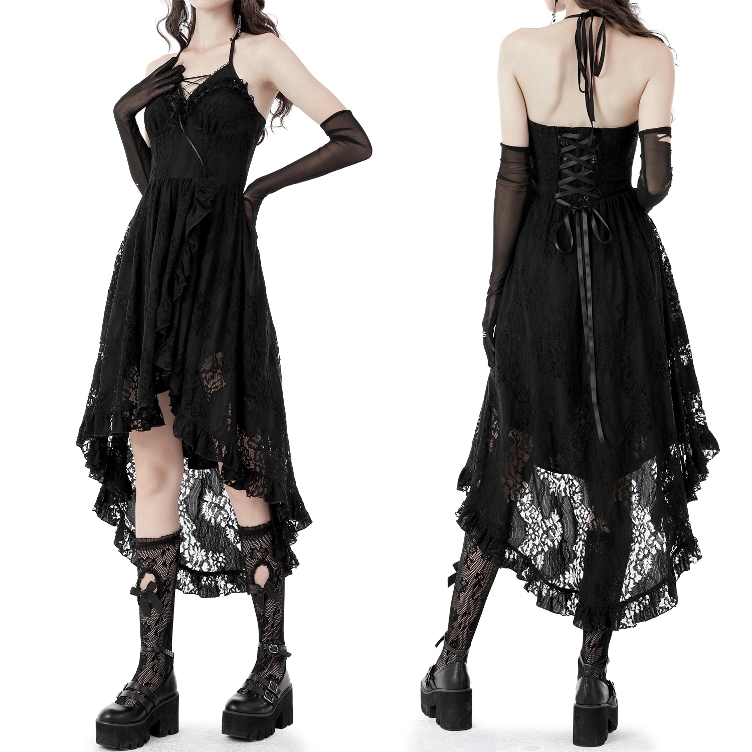 Vestido Asimétrico de Encaje con Escote Halter