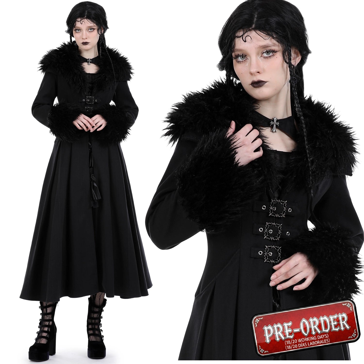 Abrigo Largo con Cuello de Pelo y Lazada Trasera