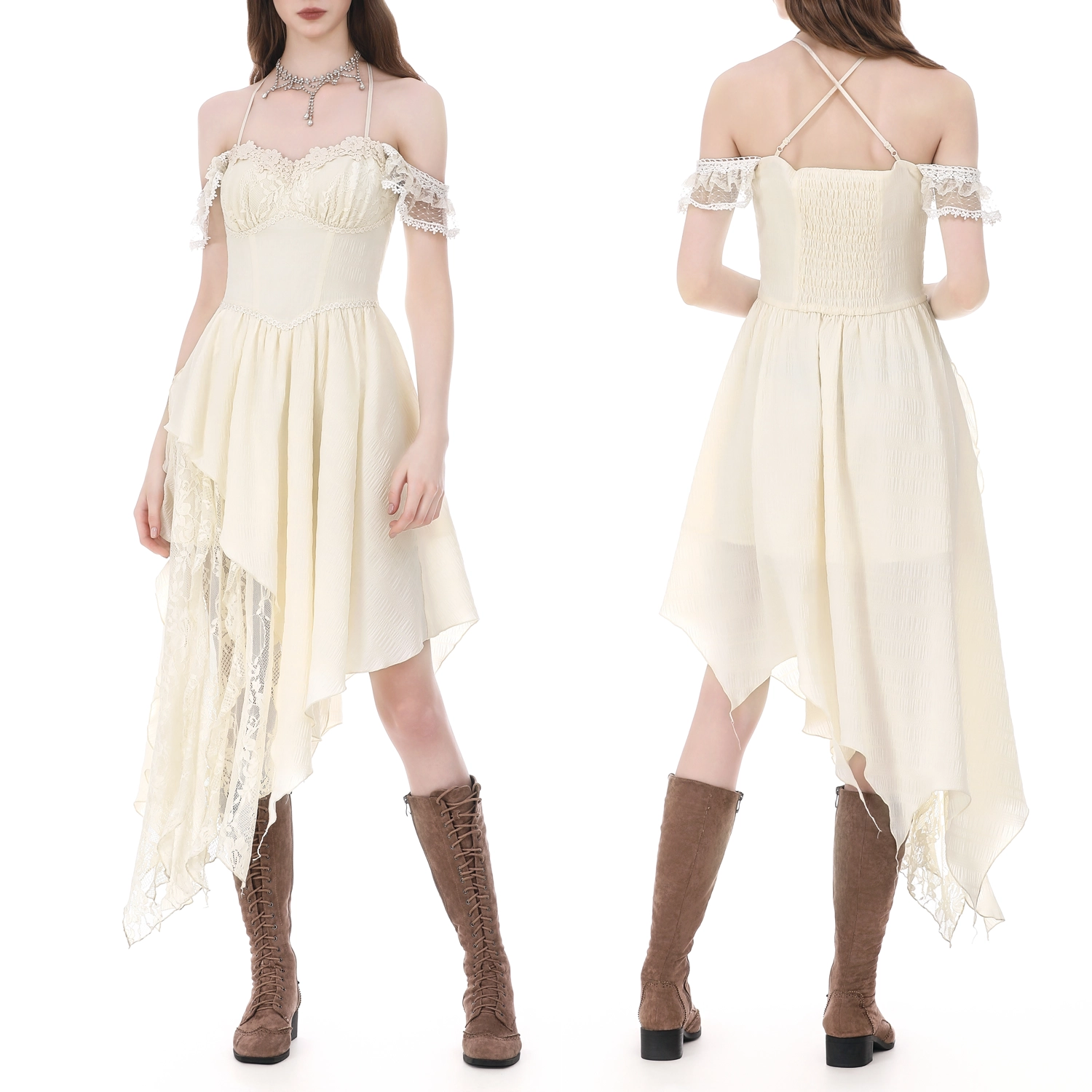 Vestido Marfil Asimétrico Fairycore de Encaje y Corsé