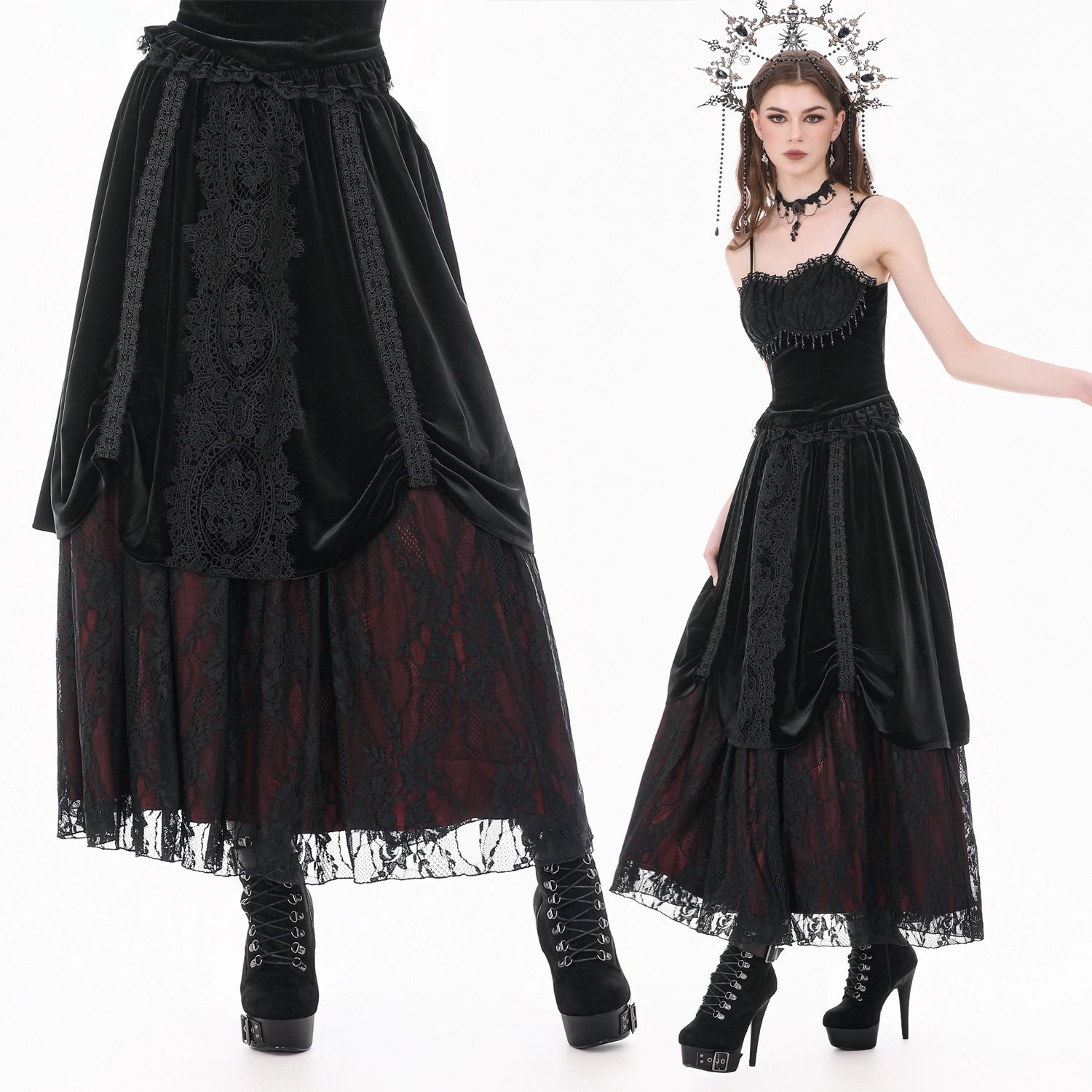 Falda Larga Victoriana de Terciopelo y Encaje