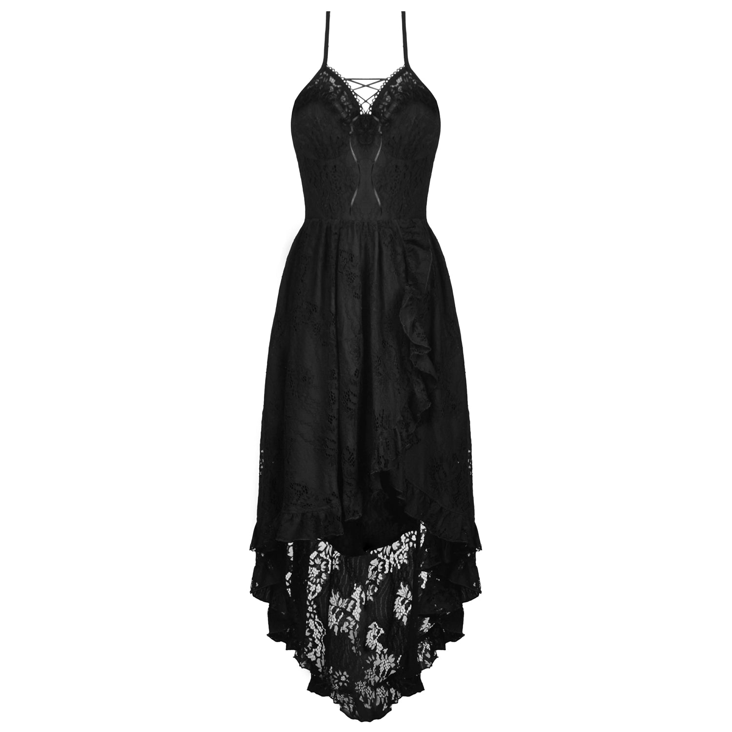 Vestido Asimétrico de Encaje con Escote Halter