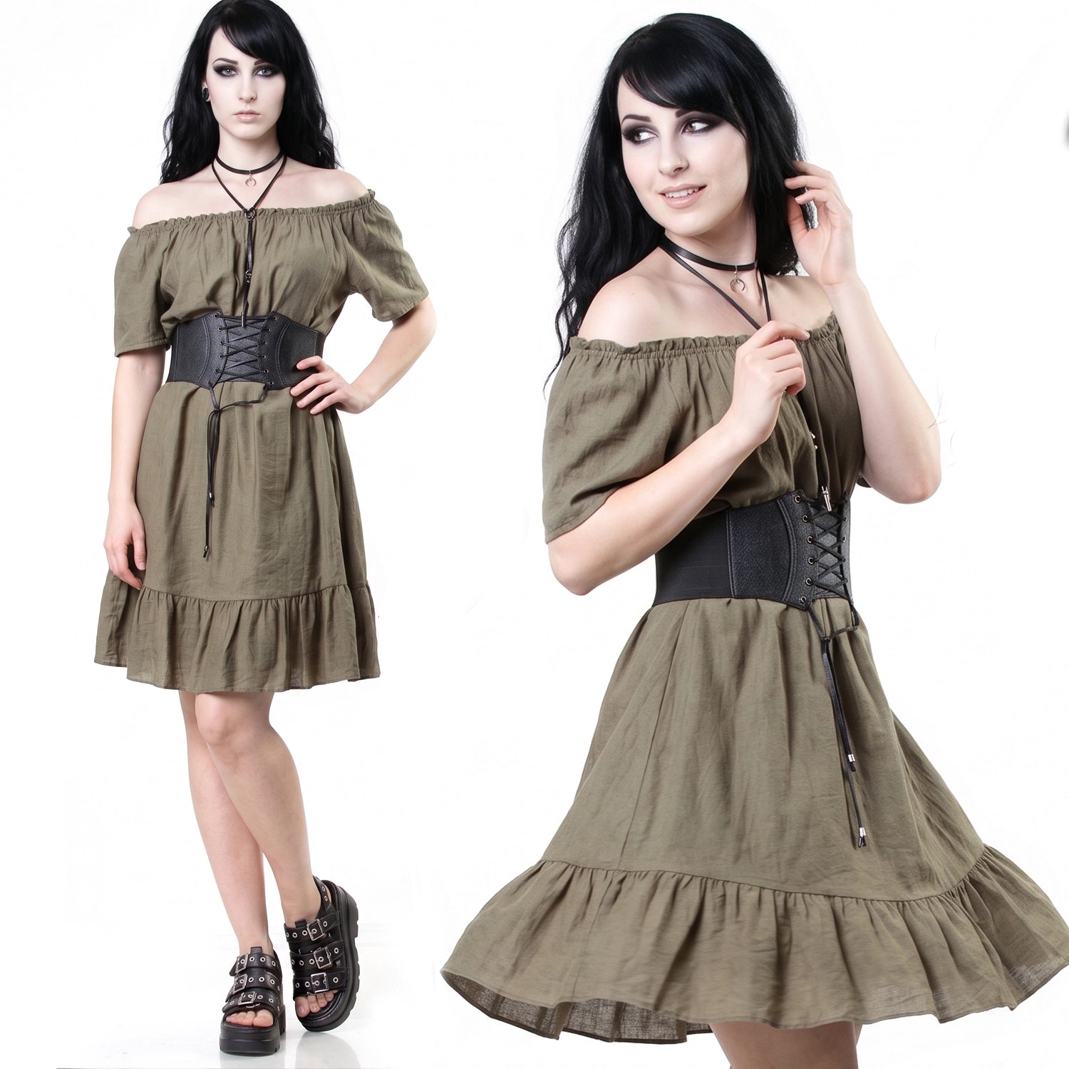 Vestido Midi Verde Khaki Volante