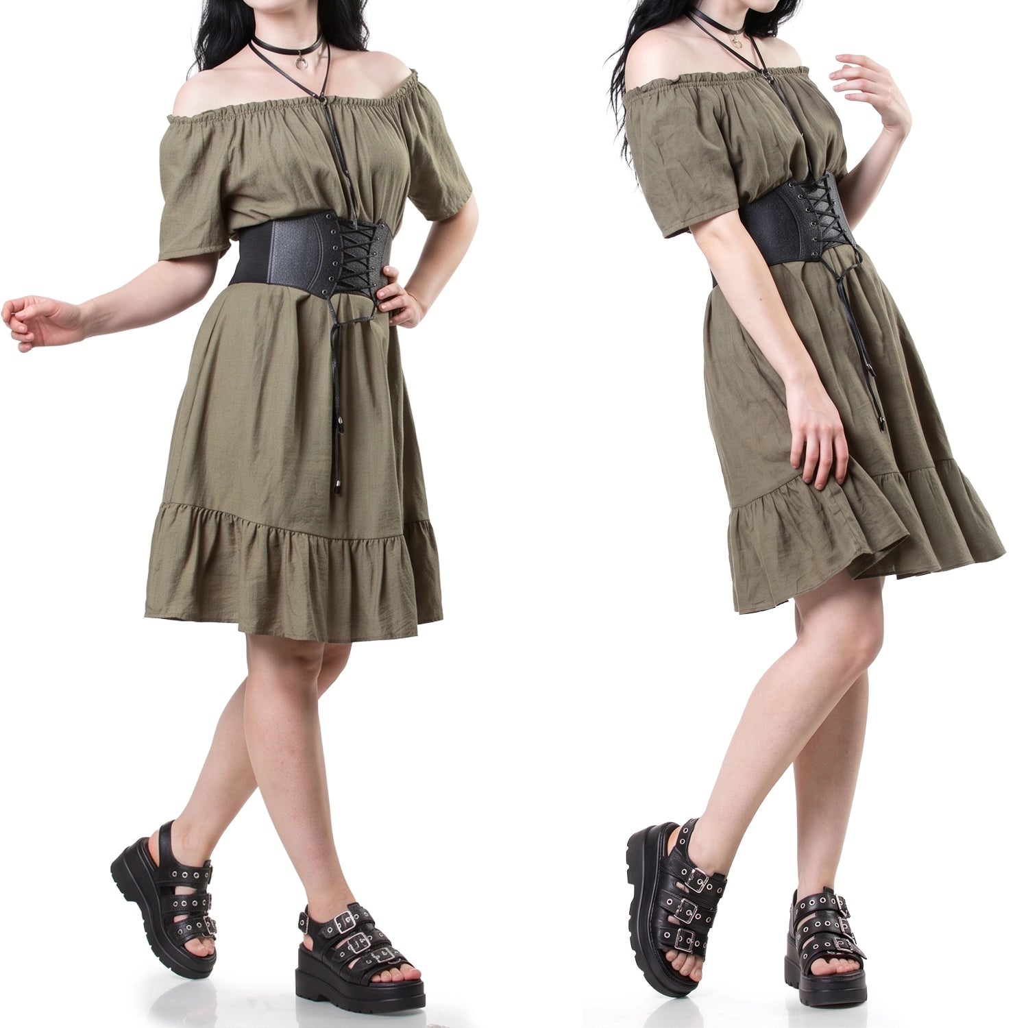 Vestido Midi Verde Khaki Volante