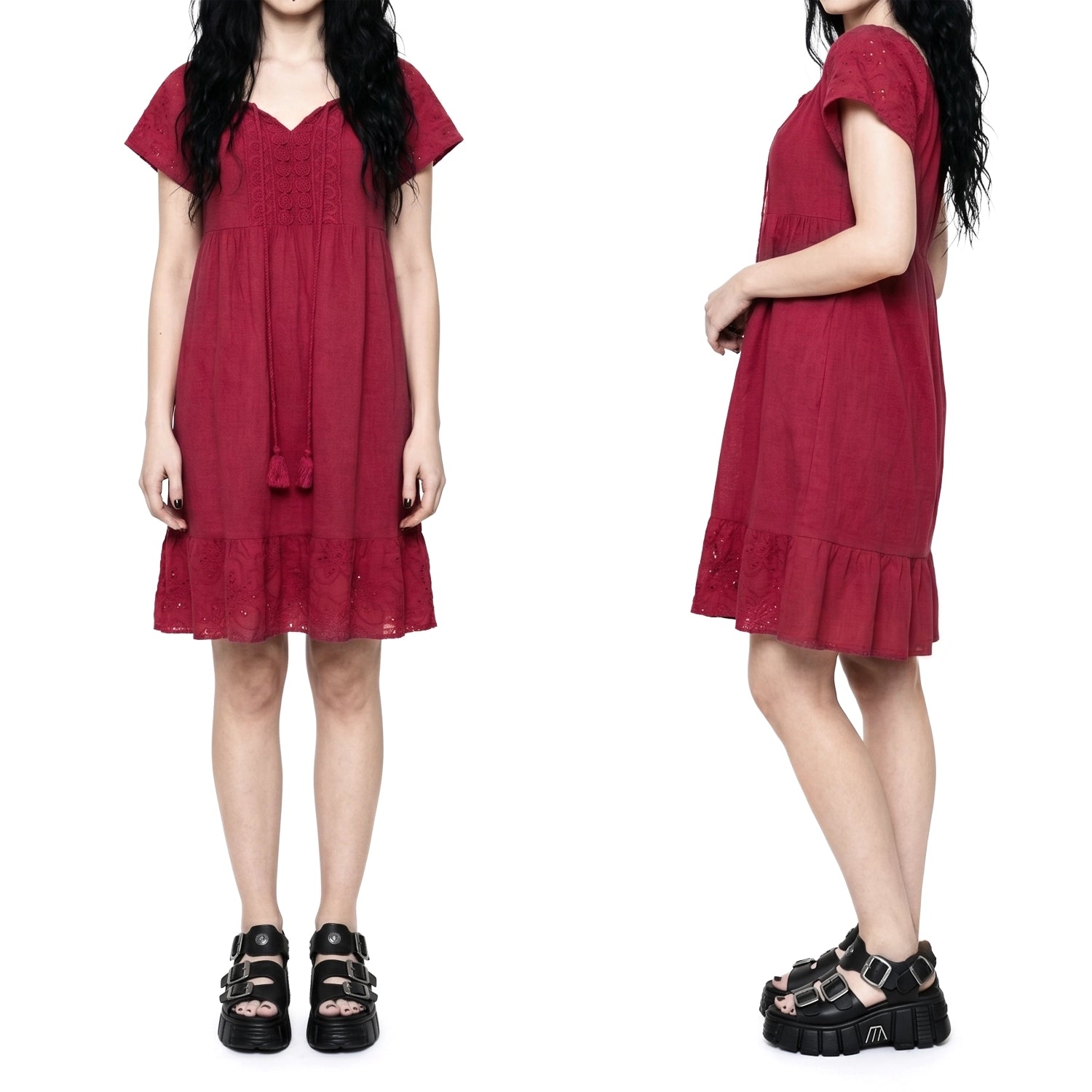 Vestido Boho Rojo de Algodón con Bordado Suizo