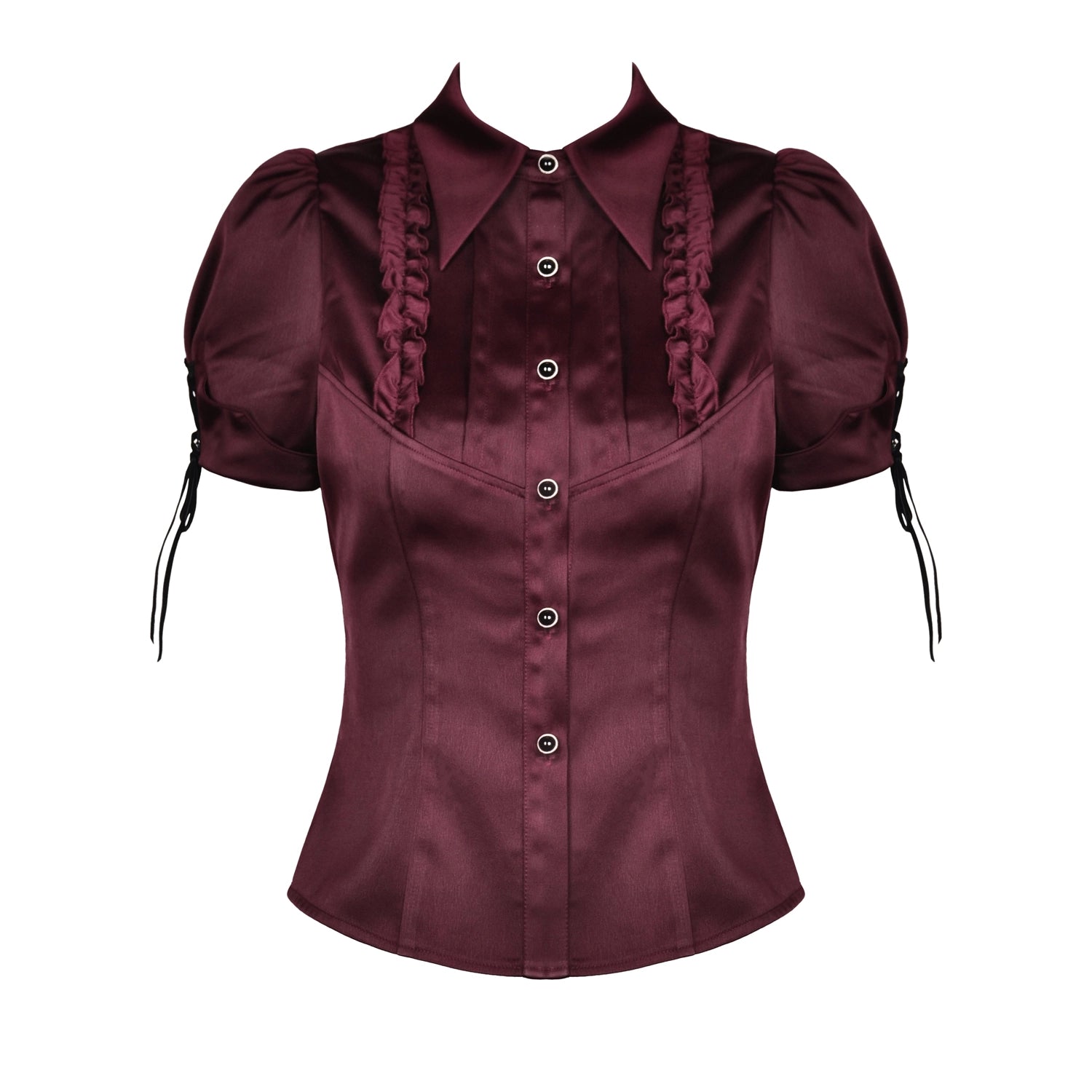 Camisa Burdeos de Satén con Volantes y Lazadas