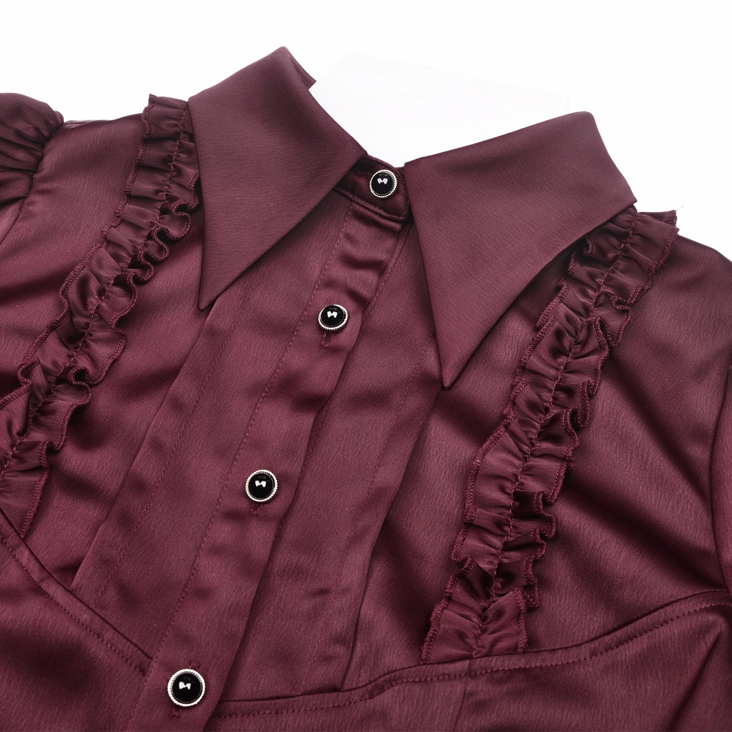 Camisa Burdeos de Satén con Volantes y Lazadas