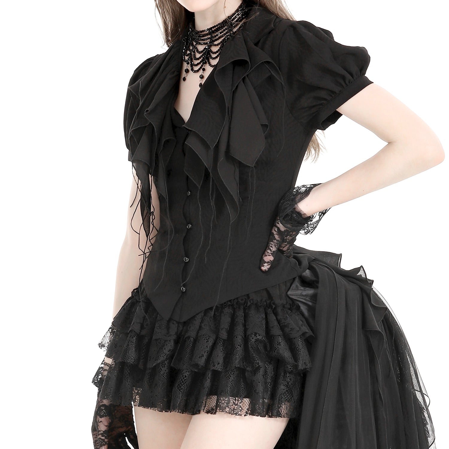 Blusa Gótica Negra Volantes | Mangas Abullonadas