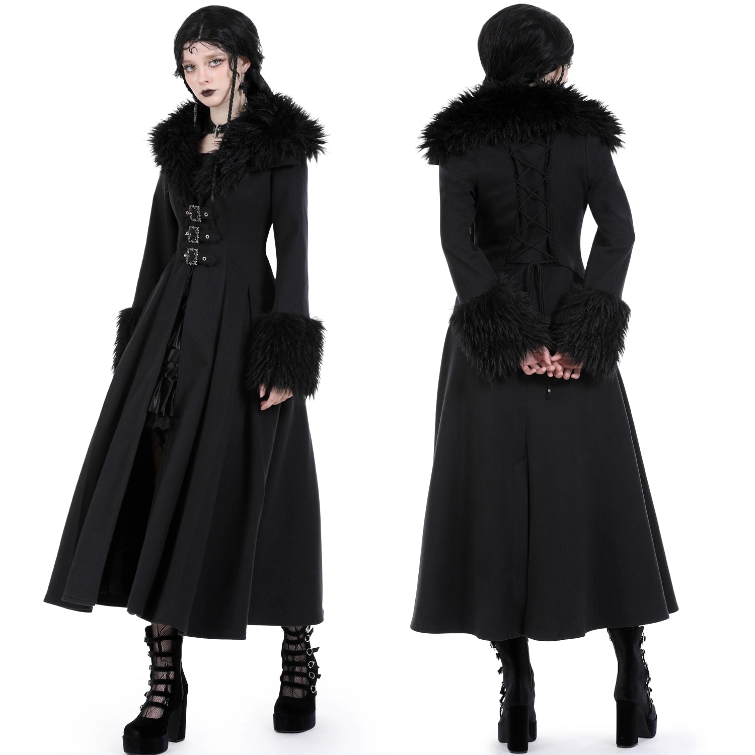 Abrigo Largo con Cuello de Pelo y Lazada Trasera