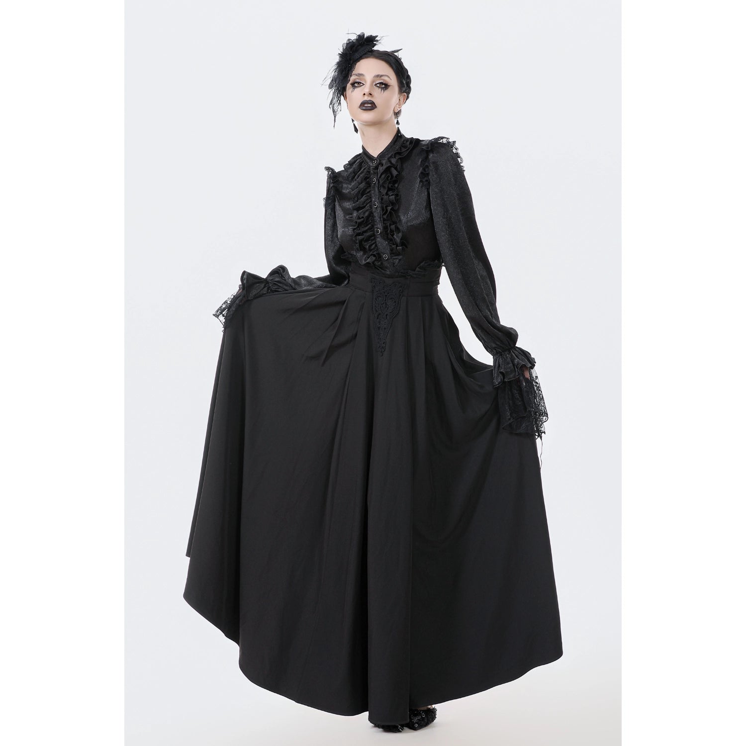 Falda Larga Victoriana de Talle Alto y Encaje