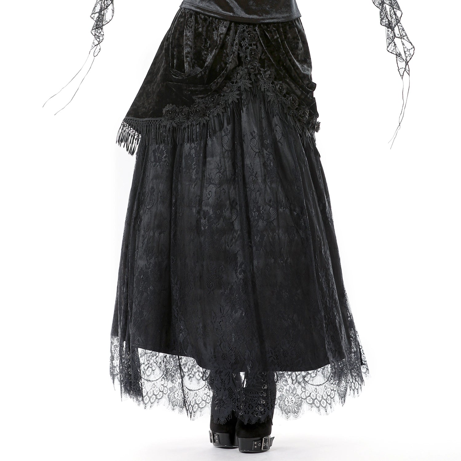 Saia Gótica Maxi Veludo Renda Preta