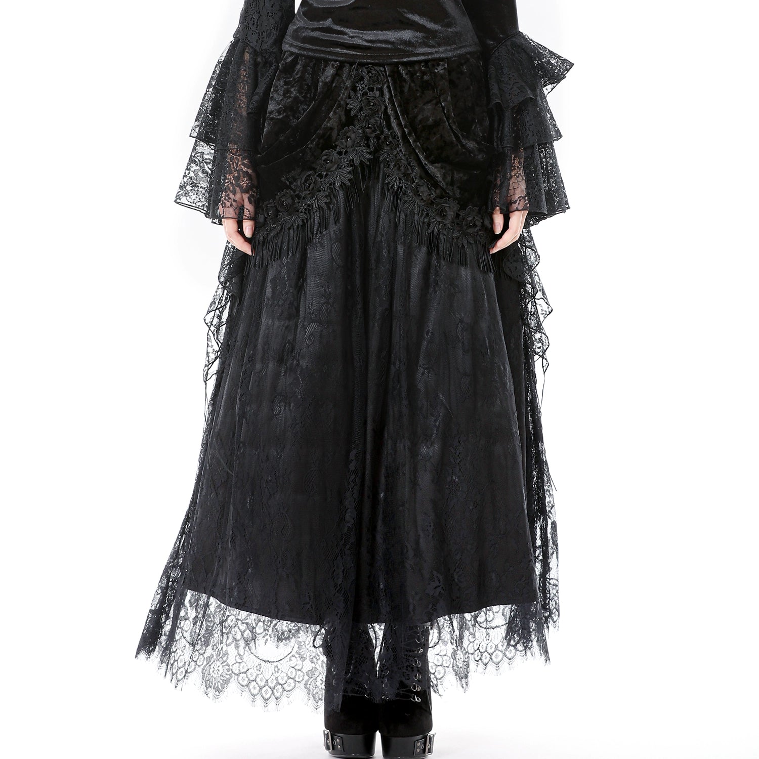 Saia Gótica Maxi Veludo Renda Preta